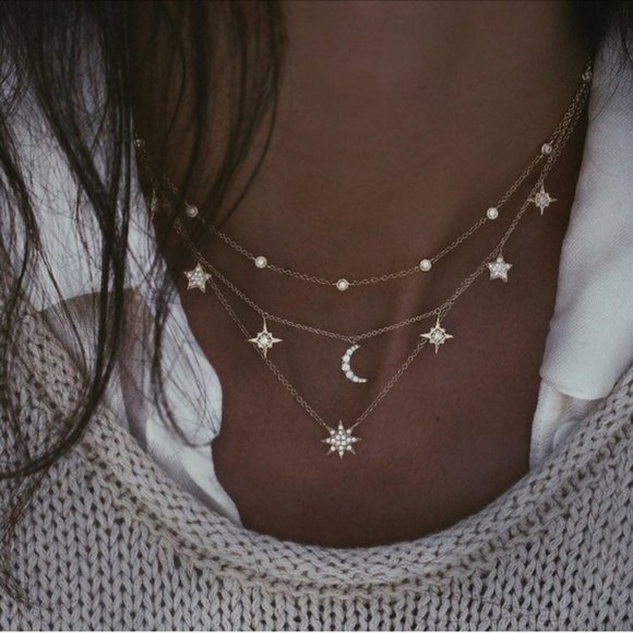 Jewelry - NEW Gold Moon Stars Multi Layered Pendant Necklace